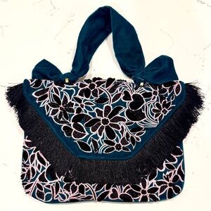 Anthropologie Black and Pink Floral Velvet Beaded Handbag NWT